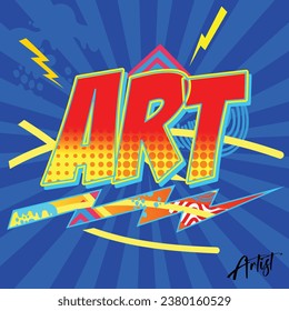 ART text. Pop Art Design Elements Retro Lightning Strike. Bold Colors Red with Polka Dot Pattern, square format, signature. Hand Drawn Vector Bolts