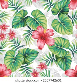 art textile design,aloha flower leaf tropical pattern allover repeats colors ,botanical ,fabric cloth wallpaper print digital