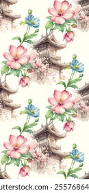 art textile design,flower leaf, temple pagoda, pattern allover repeats colors,fabric wallpaper print digital,summer