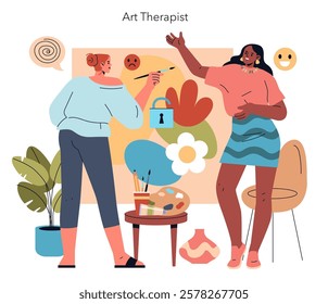 Art therapist illustration. A professional guiding a client in a creative, therapeutic activity. Expressive painting session for emotional well-being. Vector illustration.