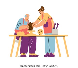 Art therapy for adults. Clay modeling studio. Pottery craft. Master Class. A teacher shows an elderly man how to knead clay correctly. Relaxation. Vector illustration isolated on white background.