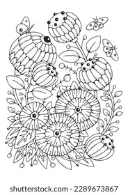 Art therapy background for coloring. Black and white illustration. Flower coloring page. 