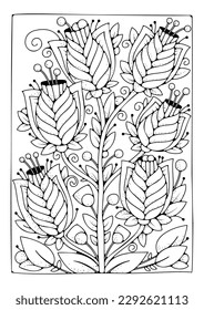 Art therapy background for coloring. Black and white illustration. Flower coloring page. 