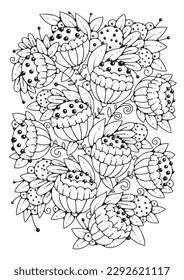 Art therapy background for coloring. Black and white illustration. Flower coloring page. 
