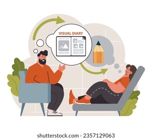 Art therapy. Character developing a creativity. Self-expression idea. Method of psychological therapy for dealing with stress and frustration. Flat vector illustration