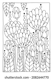 Art therapy for children and adults. Vector background with flowers for coloring. Coloring book page.