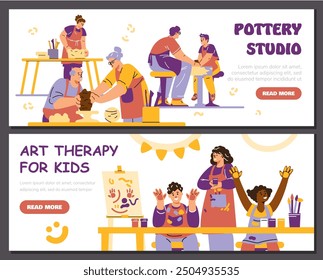 Art therapy for children, drawing studio. Pottery craft. Master class on clay modeling. Hand drawing on canvas. Brushes, paints. Psychotherapeutic session. Horizontal banner. Vector illustration.