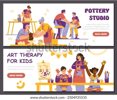 Art therapy for children, drawing studio. Pottery craft. Master class on clay modeling. Hand drawing on canvas. Brushes, paints. Psychotherapeutic session. Horizontal banner. Vector illustration.