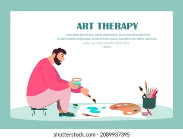 Art Therapy Classes for Adults.Man Painting Picture on Paper,Relaxing Creativity and Activity Concept.Character with Paints,Pencils Enjoy Drawing.Isolated,White Background.People Vector Illustration