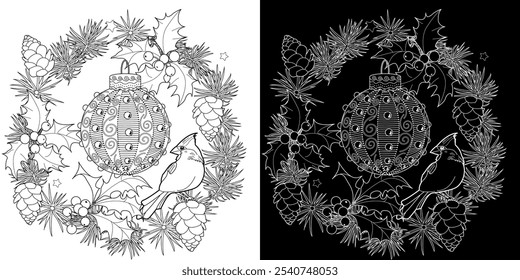 Art therapy coloring. Adult and children coloring. New Year drawing. Linear engraved art. Romantic concept.
