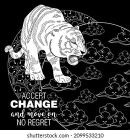 Art therapy coloring page. Accept change slogan with tigers on linear background vector illustration. Coloring Book for adults. 