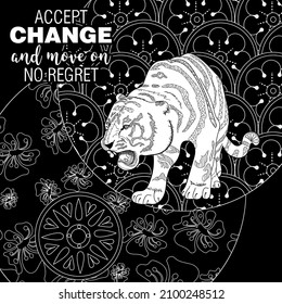 Art therapy coloring page. Accept change slogan with tigers on linear background vector illustration. Coloring Book for adults. 