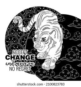 Art therapy coloring page. Accept change slogan with tigers on linear background vector illustration. Coloring Book for adults. 