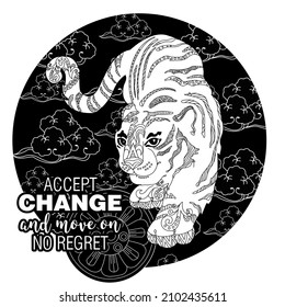 Art therapy coloring page. Accept change slogan with tigers on linear background vector illustration. Coloring Book for adults.  