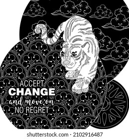 Art therapy coloring page. Accept change slogan with tigers on linear background vector illustration. Coloring Book for adults.  