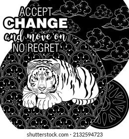 Art therapy coloring page. Accept change slogan with tigers on linear background vector illustration. Coloring Book for adults. 