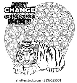 Art therapy coloring page. Accept change slogan with tigers on linear background vector illustration. Coloring Book for adults.