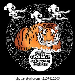 Art therapy coloring page. Accept change slogan with tigers on linear background vector illustration. Coloring Book for adults. 