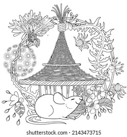 Art therapy coloring page for adults and children. Colouring pictures with mouse and cute house. Linear engraved art. Antistress freehand sketch drawing with doodle and zentangle elements.