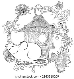 Art therapy coloring page for adults and children. Colouring pictures with mouse and cute house. Linear engraved art. Antistress freehand sketch drawing with doodle and zentangle elements.