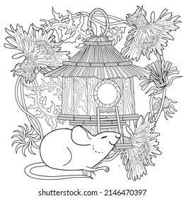 Art therapy coloring page for adults and children. Colouring pictures with mouse and cute house. Linear engraved art. Antistress freehand sketch drawing with doodle and zentangle elements.
