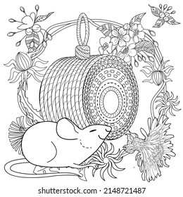 Art therapy coloring page for adults and children. Colouring pictures with mouse and cute house. Linear engraved art. Antistress freehand sketch drawing with doodle and zentangle elements.
