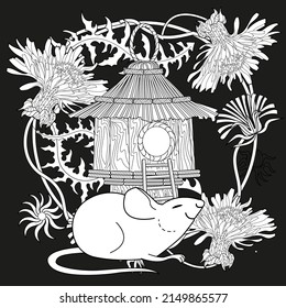 Art therapy coloring page for adults and children. Colouring pictures with mouse and cute house. Linear engraved art. Antistress freehand sketch drawing with doodle and zentangle elements.
