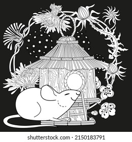 Art therapy coloring page for adults and children. Colouring pictures with mouse and cute house. Linear engraved art. Antistress freehand sketch drawing with doodle and zentangle elements.
