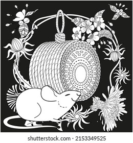 Art therapy coloring page for adults and children. Colouring pictures with mouse and cute house. Linear engraved art. Antistress freehand sketch drawing with doodle and zentangle elements.
