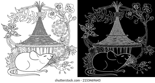 Art therapy coloring page for adults and children. Colouring pictures with mouse and cute house. Linear engraved art. Antistress freehand sketch drawing with doodle and zentangle elements.
