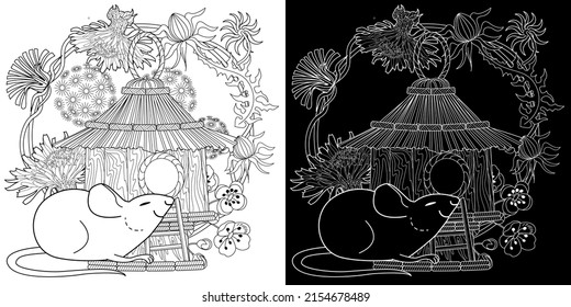 Art therapy coloring page for adults and children. Colouring pictures with mouse and cute house. Linear engraved art. Antistress freehand sketch drawing with doodle and zentangle elements.
