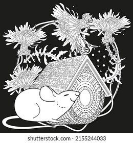 Art therapy coloring page for adults and children. Colouring pictures with mouse and cute house. Linear engraved art. Antistress freehand sketch drawing with doodle and zentangle elements.
