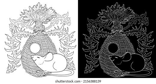 Art therapy coloring page for adults and children. Colouring pictures with mouse and cute house. Linear engraved art. Antistress freehand sketch drawing with doodle and zentangle elements.
