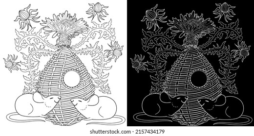 Art therapy coloring page for adults and children. Colouring pictures with mouse and cute house. Linear engraved art. Antistress freehand sketch drawing with doodle and zentangle elements.
