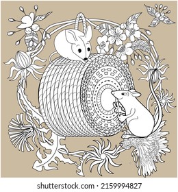 Art therapy coloring page for adults and children. Colouring pictures with mouse and cute house. Linear engraved art. Antistress freehand sketch drawing with doodle and zentangle elements.
