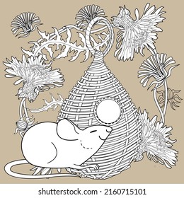 Art therapy coloring page for adults and children. Colouring pictures with mouse and cute house. Linear engraved art. Antistress freehand sketch drawing with doodle and zentangle elements.
