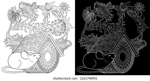 Art therapy coloring page for adults and children. Colouring pictures with mouse and cute house. Linear engraved art. Antistress freehand sketch drawing with doodle and zentangle elements.

