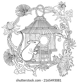 Art therapy coloring page for adults and children. Colouring pictures with mouse and cute house. Linear engraved art. Antistress freehand sketch drawing with doodle and zentangle elements.

