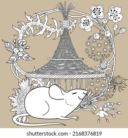 Art therapy coloring page for adults and children. Colouring pictures with mouse and cute house. Linear engraved art. Antistress freehand sketch drawing with doodle and zentangle elements.
