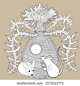 Art therapy coloring page for adults and children. Colouring pictures with mouse and cute house. Linear engraved art. Antistress freehand sketch drawing with doodle and zentangle elements.

