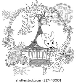 Art therapy coloring page for adults and children. Colouring pictures with mouse and cute house. Linear engraved art. Antistress freehand sketch drawing with doodle and zentangle elements.
