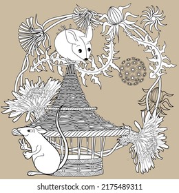 Art therapy coloring page for adults and children. Colouring pictures with mouse and cute house. Linear engraved art. Antistress freehand sketch drawing with doodle and zentangle elements.
