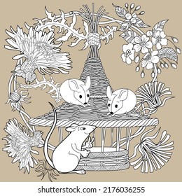 Art therapy coloring page for adults and children. Colouring pictures with mouse and cute house. Linear engraved art. Antistress freehand sketch drawing with doodle and zentangle elements.
