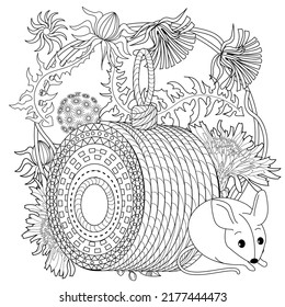 Art therapy coloring page for adults and children. Colouring pictures with mouse and cute house. Linear engraved art. Antistress freehand sketch drawing with doodle and zentangle elements.
