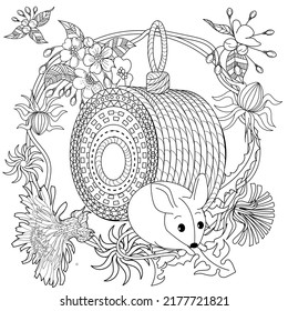 Art therapy coloring page for adults and children. Colouring pictures with mouse and cute house. Linear engraved art. Antistress freehand sketch drawing with doodle and zentangle elements.
