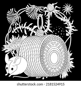 Art therapy coloring page for adults and children. Colouring pictures with mouse and cute house. Linear engraved art. Antistress freehand sketch drawing with doodle and zentangle elements.
