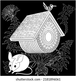 Art therapy coloring page for adults and children. Colouring pictures with mouse and cute house. Linear engraved art. Antistress freehand sketch drawing with doodle and zentangle elements.
