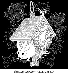 Art therapy coloring page for adults and children. Colouring pictures with mouse and cute house. Linear engraved art. Antistress freehand sketch drawing with doodle and zentangle elements.
