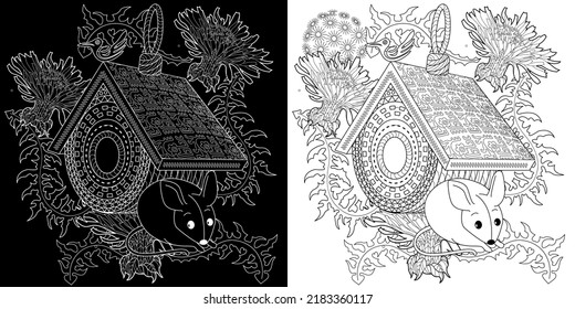 Art therapy coloring page for adults and children. Colouring pictures with mouse and cute house. Linear engraved art. Antistress freehand sketch drawing with doodle and zentangle elements.
