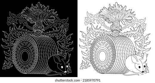 Art therapy coloring page for adults and children. Colouring pictures with mouse and cute house. Linear engraved art. Antistress freehand sketch drawing with doodle and zentangle elements.
